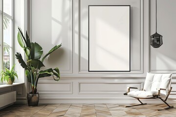 Empty wooden frame mock up on a white wall with a modern chair, plant and window from left. Scandinavian home minimalist interior design concept for design and print