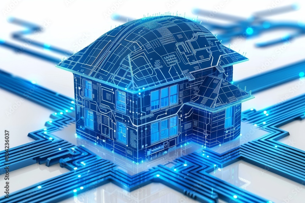 Poster blueprints of a smart home with brain architecture, illustrating the conceptual planning of intellig