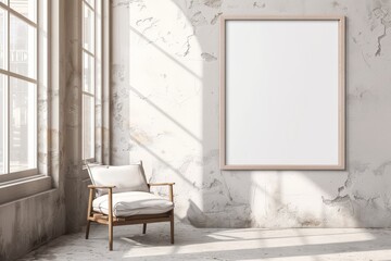 Empty wooden frame mock up on a white wall with a modern chair and window from left. Scandinavian home minimalist interior design concept for design and print
