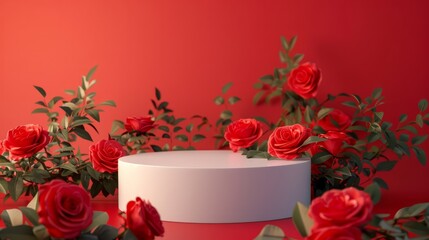 Podium for product presentation, red rose around. Red rose day concept. Background for business