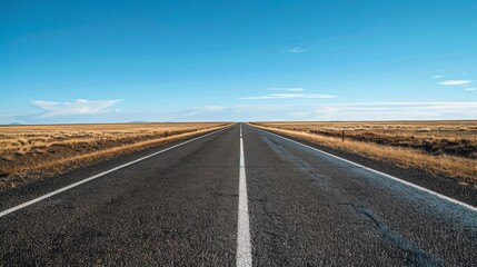 Naklejka premium An empty, open road stretching into the horizon under a clear sky, the simplicity of the scene evoking a sense of freedom and endless possibility.