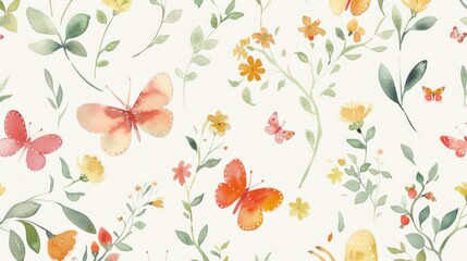 Background botanical pattern watercolor leaves and butterfly illustration.