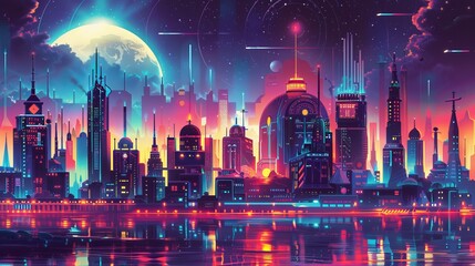 Fototapeta premium panorama of the city of the future, houses are connected by high-speed energy beams, the main building is in the center 