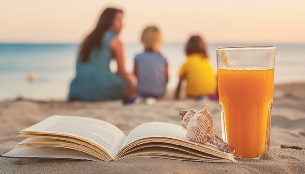 A mother is sitthing with kids on the beach. People ar blurred, a book a glass of juice, and a seashell are in front. Summer vacation