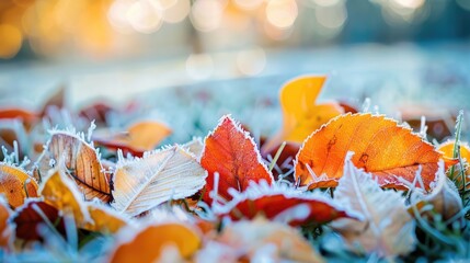 Autumn leaves coated with hoarfrost on the grass - Powered by Adobe