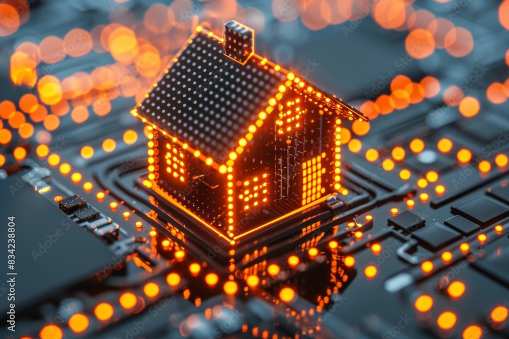 Poster neon-lit circuit board representing a futuristic smart home model, emphasizing advanced technology i