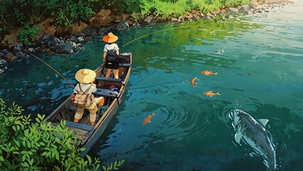Obraz premium Anime Style Fishing gear hooks and baits on a wooden background