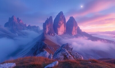Fototapeta premium Mountains in fog at beautiful night. Dreamy landscape