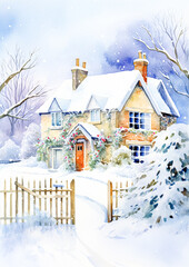 Naklejka premium Watercolour printable winter countryside art print, English country cottage and snow, Christmas holiday, thank you and Happy Holidays diy greeting card design