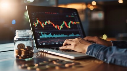 A young professional analyzing stock charts on a laptop with a jar of coins beside the screen. ,photorealistic, high detail
