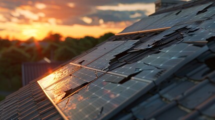 Damaged Solar Panel on Rooftop at Sunset Reflecting the Challenges of Renewable Energy Infrastructure - Generative AI