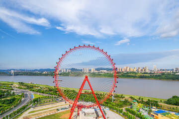 Aerial photography of the Ferris wheel at Wanlou Scenic Area in Xiangtan, China