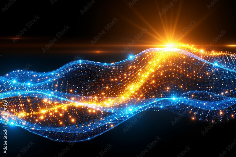 Poster glowing particle dots with colorful dots in abstract background, concept of light shining sparkling 