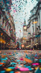 A colorful urban street filled with festive decorations and confetti, capturing the lively atmosphere of a city festival celebration.