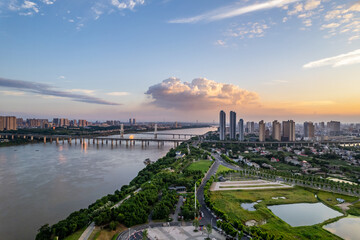 Aerial photography of the urban center on both sides of the Xiangjiang River in Xiangtan, China