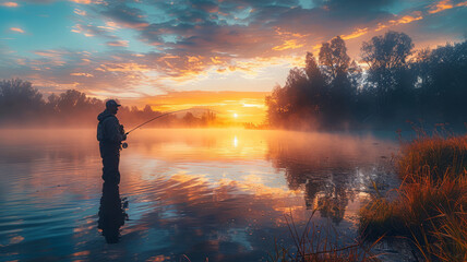 Fototapeta premium A man is fishing in a lake at sunset,generative ai