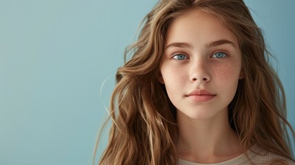 Naklejka premium portrait of a beautiful young caucasian white American model teen girl looking forward. child ad with copy space, children, beauty, pretty