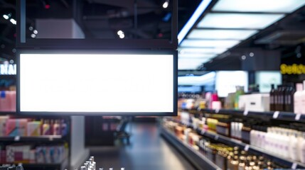 a full white backlit billboard in a small very design and empty supermarket, in the blurred background there is matt black steel shelves