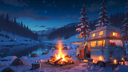 stunning fantasy camp van with campfire by the river in a winter landscape at scpectacular colorful night. Cozy haven nestled amidst snowy serenit