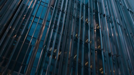 Obraz premium Detailed texture of skyscraper exterior panels, close-up, no people, twilight, cool tones, vertical lines. 