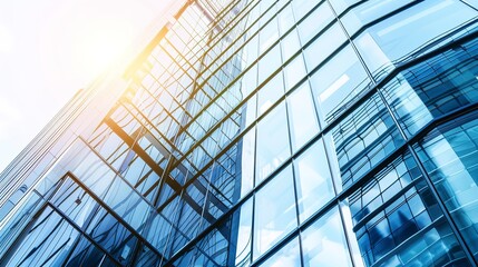 Obraz premium Office building facade close-up, sharp focus on glass panels, no humans, bright noon light, reflective urban scene