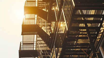 Close-up of office building fire escape, detailed steel structure, no people, golden hour, safety features. 