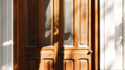 Empty residential building doorway, detailed wood and glass close-up, no people, late afternoon sun, welcoming entry.