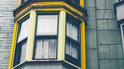 Obraz premium Residential building window frames close-up, macro shot of paint details, no people, overcast sky, lived-in feel.