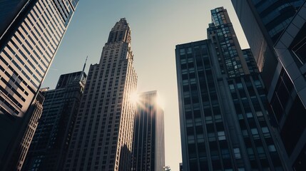 Fototapeta premium Close-up of city skyline with towering buildings, sharp architectural details, no humans, midday sun, metropolitan. 