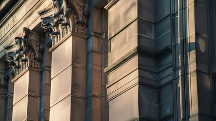 Obraz premium Government building facade close-up, detailed stonework, no people, soft morning light, authority structure. 