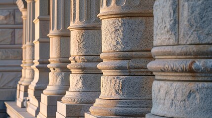 Fototapeta premium Government building facade close-up, detailed stonework, no people, soft morning light, authority structure.