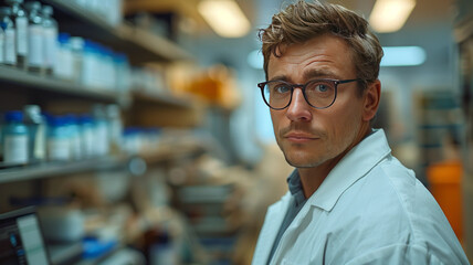 Fototapeta premium A doctor in a white lab coat is looking at a tablet computer,generative ai