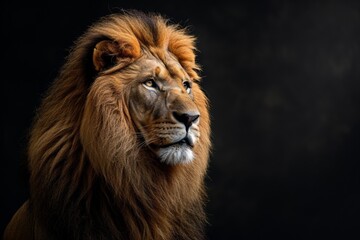 Fototapeta premium Mystic portrait of African Lion, beside view, full body shot, Close-up View Isolated on black background