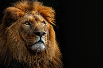 Mystic portrait of Asian Lion, beside view, full body shot, Close-up View Isolated on black background