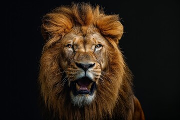 Fototapeta premium Mystic portrait of Senegal Lion in studio, copy space on right side, Anger, Menacing, Headshot, Close-up View Isolated on black background
