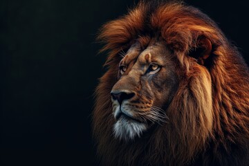 Fototapeta premium Mystic portrait of Senegal Lion in studio, copy space on right side, Anger, Menacing, Headshot, Close-up View Isolated on black background