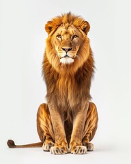 Obraz premium the African Lion, portrait view, white copy space on right Isolated on white background