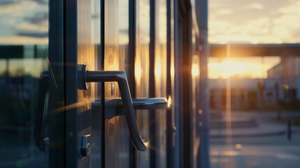 Healthcare building door handle close-up, sharp metal details, no people, sunset, access to treatment. 