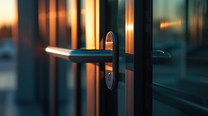 Healthcare building door handle close-up, sharp metal details, no people, sunset, access to treatment. 