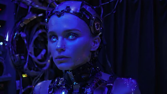Woman With Cybernetic Implants in Blue Lighting