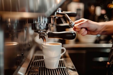 Barista pulling a shot of espresso in a bustling coffee shop. Detailed view of an espresso machine and white ceramic cup. Coffee expertise and barista skill. Design for poster, banner, and menu.