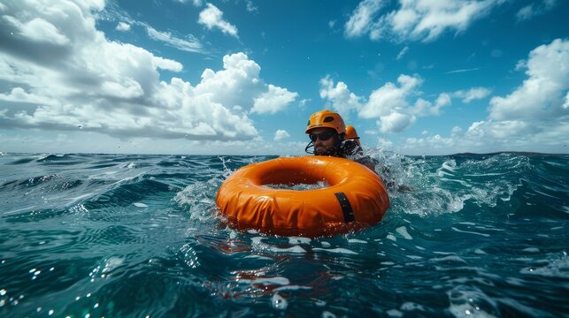 High-tech life preserver device lifting a drowning individual above water, featuring innovative design and real-time monitoring capabilities