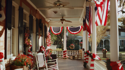 A cozy porch adorned with vibrant red, white, and blue bunting and American flags, exuding a patriotic charm perfect for celebrating national holidays in the neighborhood.