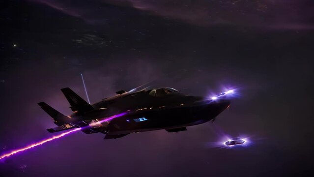 Night Flight of a Stealth Aircraft With Purple Lights