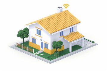3D illustration of a modern smart home with yellow roof, emphasizing advanced technology and digital connectivity in residential design