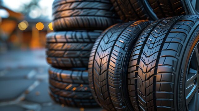 Four new black car tires stacked in a neat pile, showcasing the sharp tread designs and smooth rubber surfaces