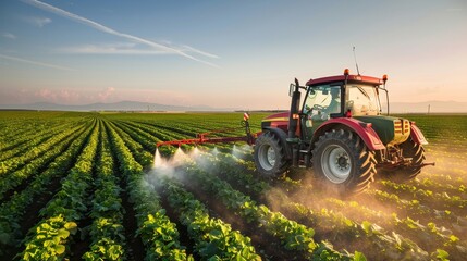 Fototapeta premium Farming tractor spraying pesticides on a wide field, with visible mist and sunlight, rows of crops in the background