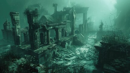 Ancient ruins lost in a greenish mist