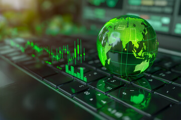 On the keyboard of the laptop, there is a green globe with stock graphs displayed on the laptop screen. This is a green business concept. Carbon efficient technology. Digital sustainability