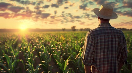 Fototapeta premium Farmer Observing Crops at Sunrise